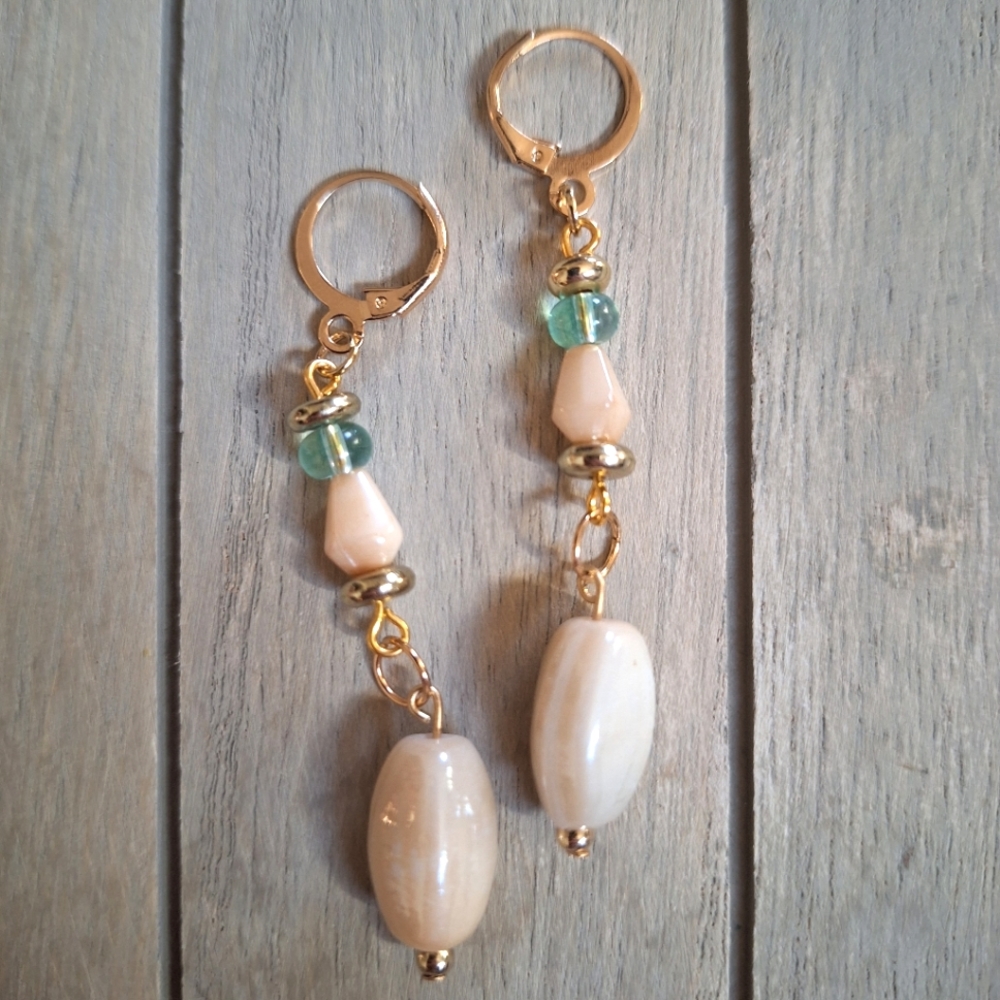 Gold Plated Dangle Earrings Coastal Beachy Soft Jewelry Gifts Boho Blue Artsy - Picture 2 of 6